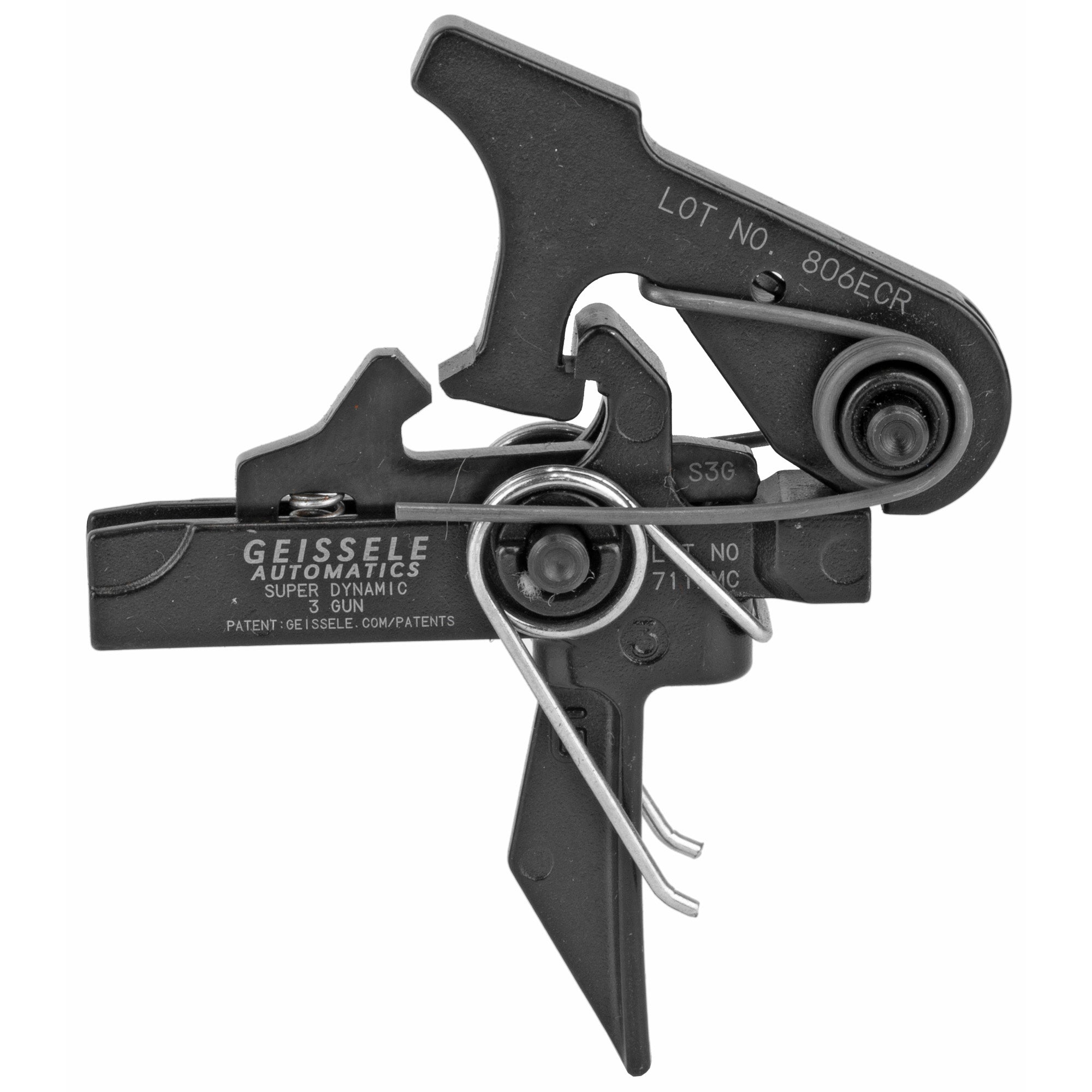 Geissele SD-3G Super Dynamic 3-Gun Trigger, highlighting its sleek design and optimized mechanism for competitive shooting speed and accuracy.