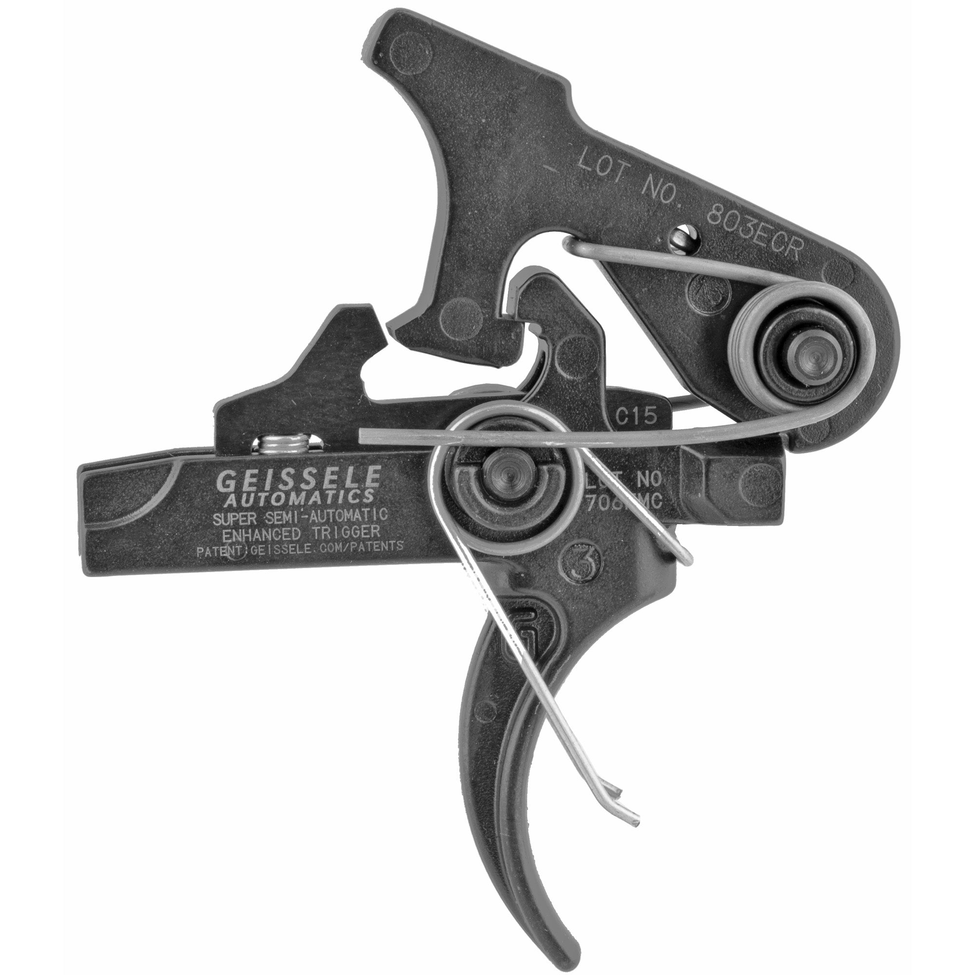 Geissele SSA-E Trigger, a Super Semi-Automatic Enhanced 2-Stage Trigger, showcasing its sleek design and precise craftsmanship for improved shooting accuracy and control.