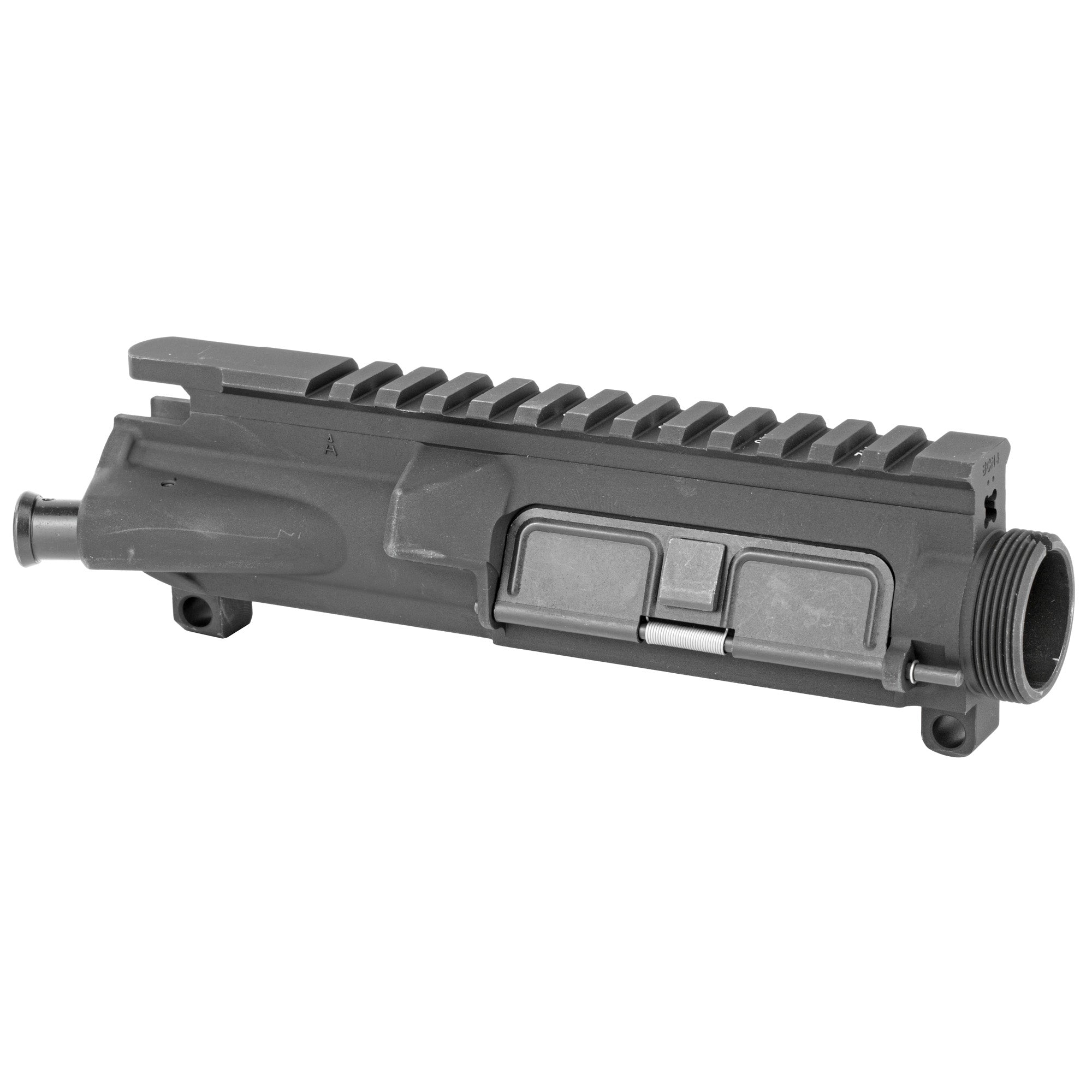 Bravo Company Mil-Spec Upper Receiver in black, featuring a flat top with a 1913 rail for optics, fully assembled with forward assist and ejection port cover.