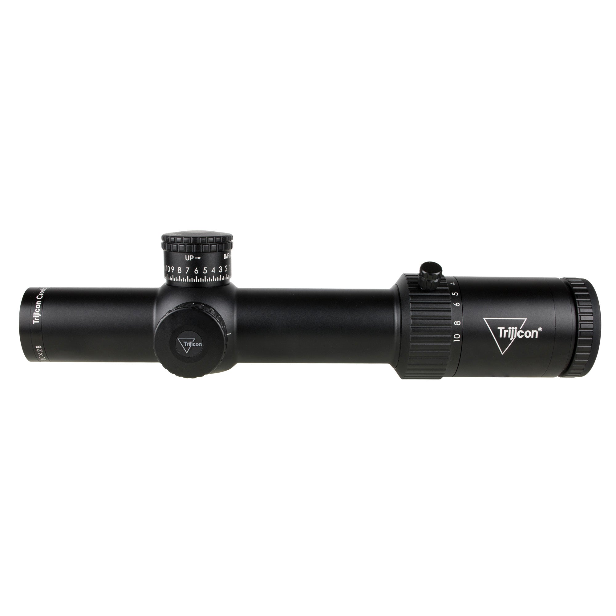 Trijicon Credo HX 1-10x28mm Riflescope with red/green MOA segmented circle reticle, first focal plane, on a matte black finish 34mm tube.
