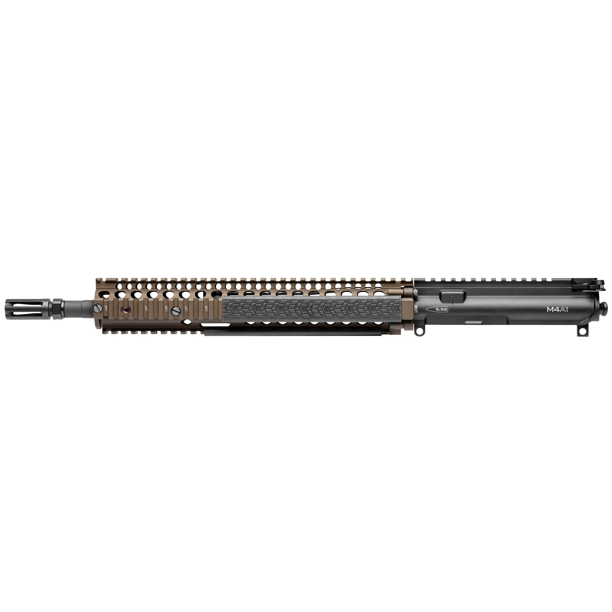 Daniel Defense M4A1 Upper Receiver in Flat Dark Earth with a 14.5-inch barrel and M4 RIS II rail system, showing the carbine length gas system and included bolt carrier group