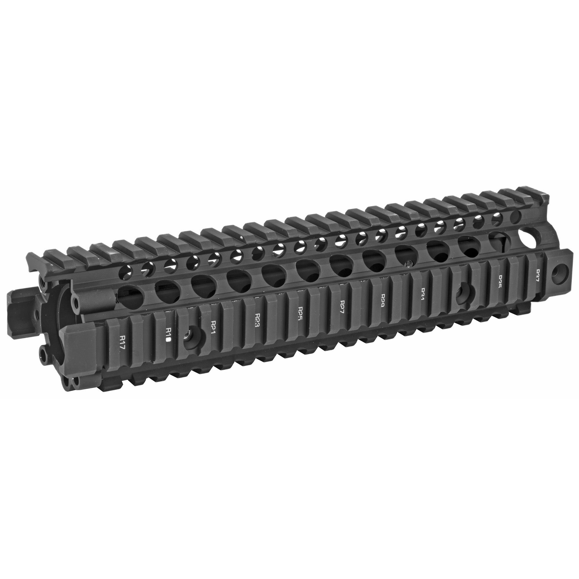 Daniel Defense MK18 RIS II Rail System, 9.55 inches, black free float quad rail for AR rifles, featuring aircraft-grade aluminum construction and Mil-Spec Type III finish