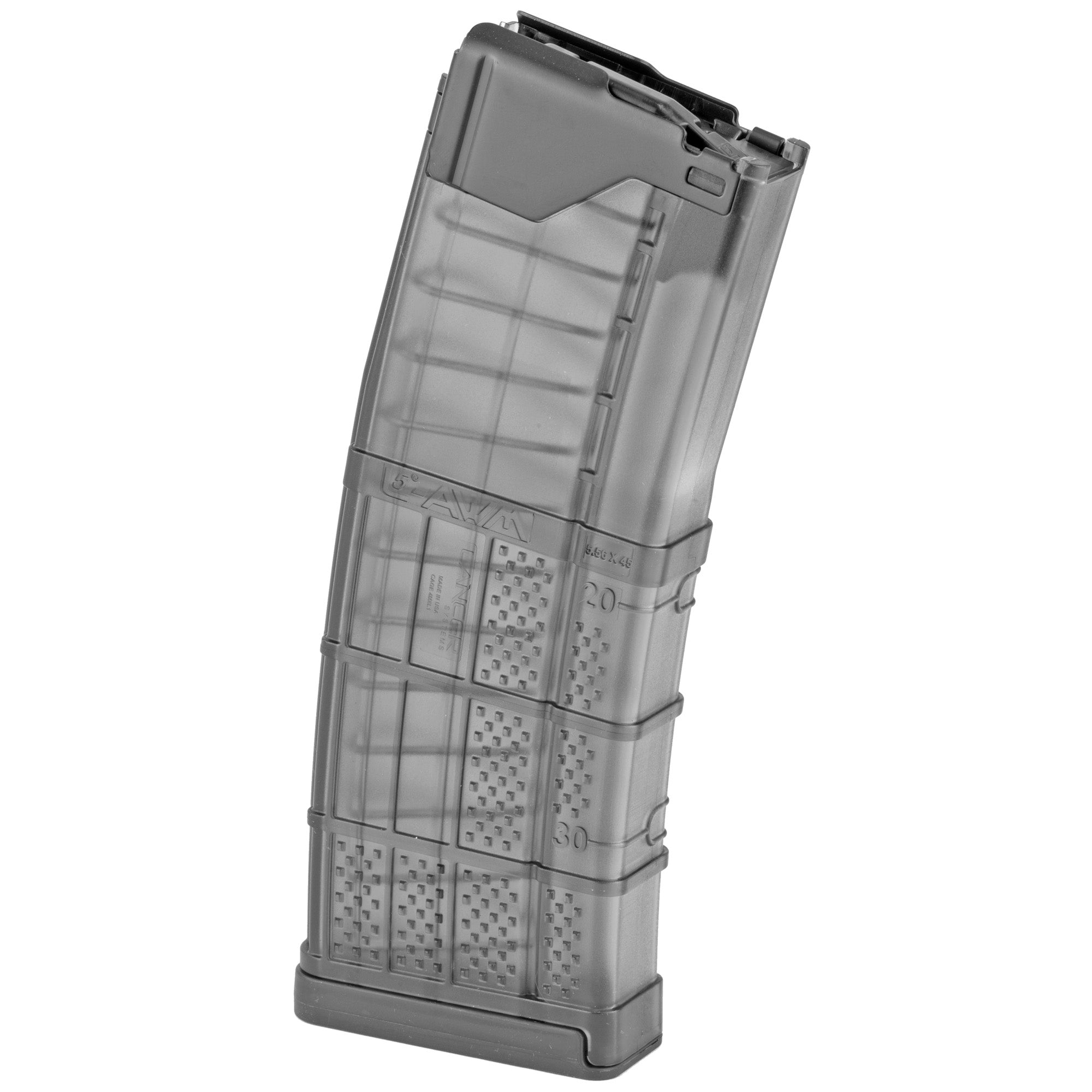 Lancer L5 Advanced Warfighter 30-Round Magazine in Translucent Smoke for 223 Remington/556NATO AR Rifles, featuring hardened steel feed lips and non-tilt follower.