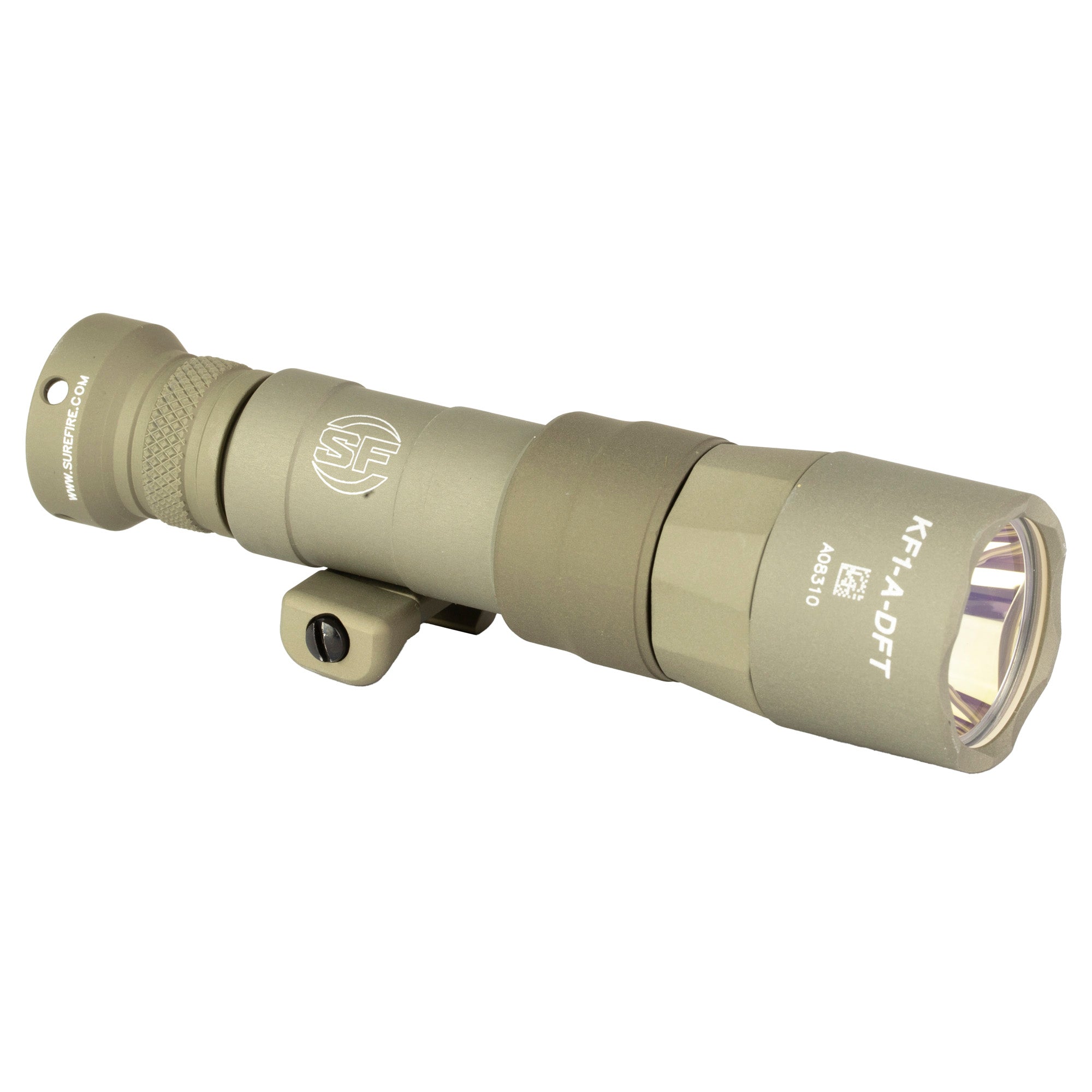 Surefire M340C Turbo Scout Light Pro Flashlight in tan, featuring 500 lumens and dual fuel technology, mounted with an MLOK adapter, and including a Z68 On/Off Tailcap.