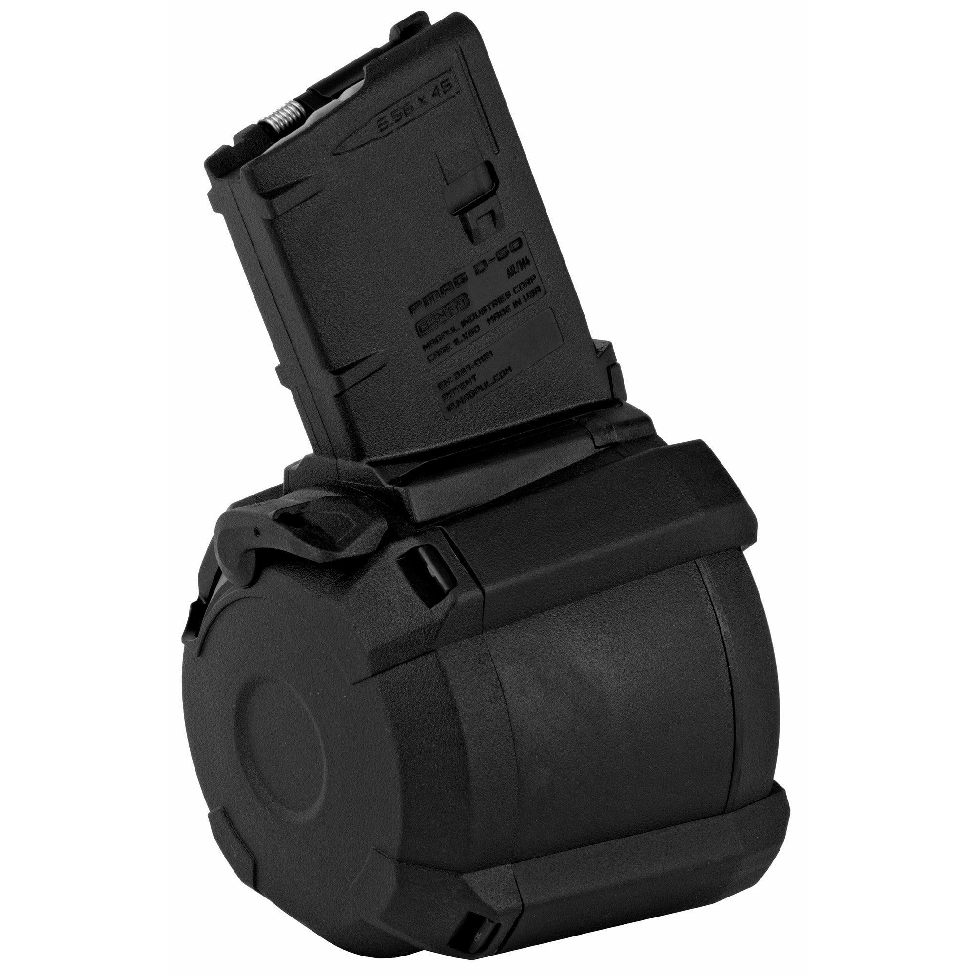 Magpul PMAG D-60 Drum Magazine for AR-15/M4, 60-round capacity in black, featuring durable polymer construction and a visible round-count window.
