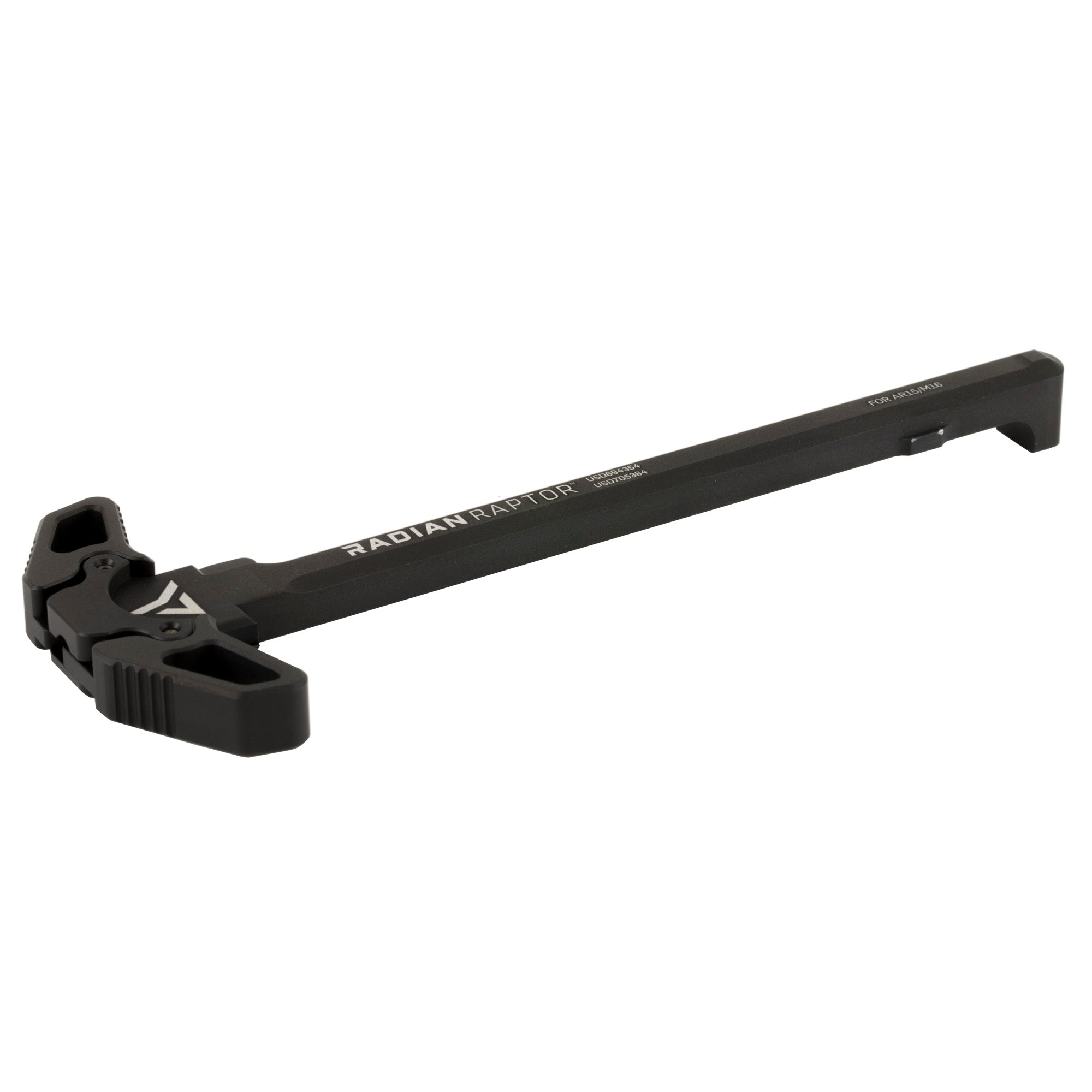 Black Anodized AR-15 Raptor Ambidextrous Charging Handle, featuring its durable construction and ergonomic design for seamless rifle operation.