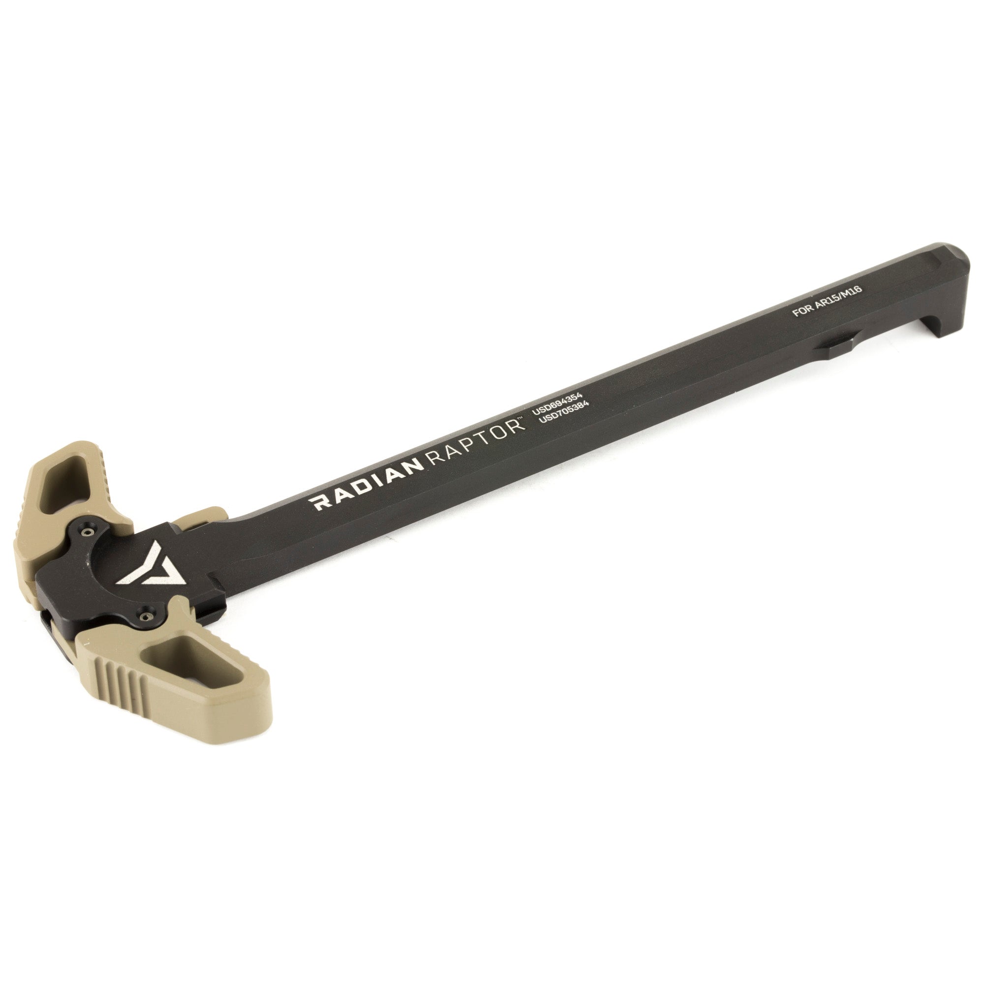 Flat Dark Earth AR-15 Raptor Ambidextrous Charging Handle, emphasizing its rugged appeal and user-friendly design for efficient firearm handling