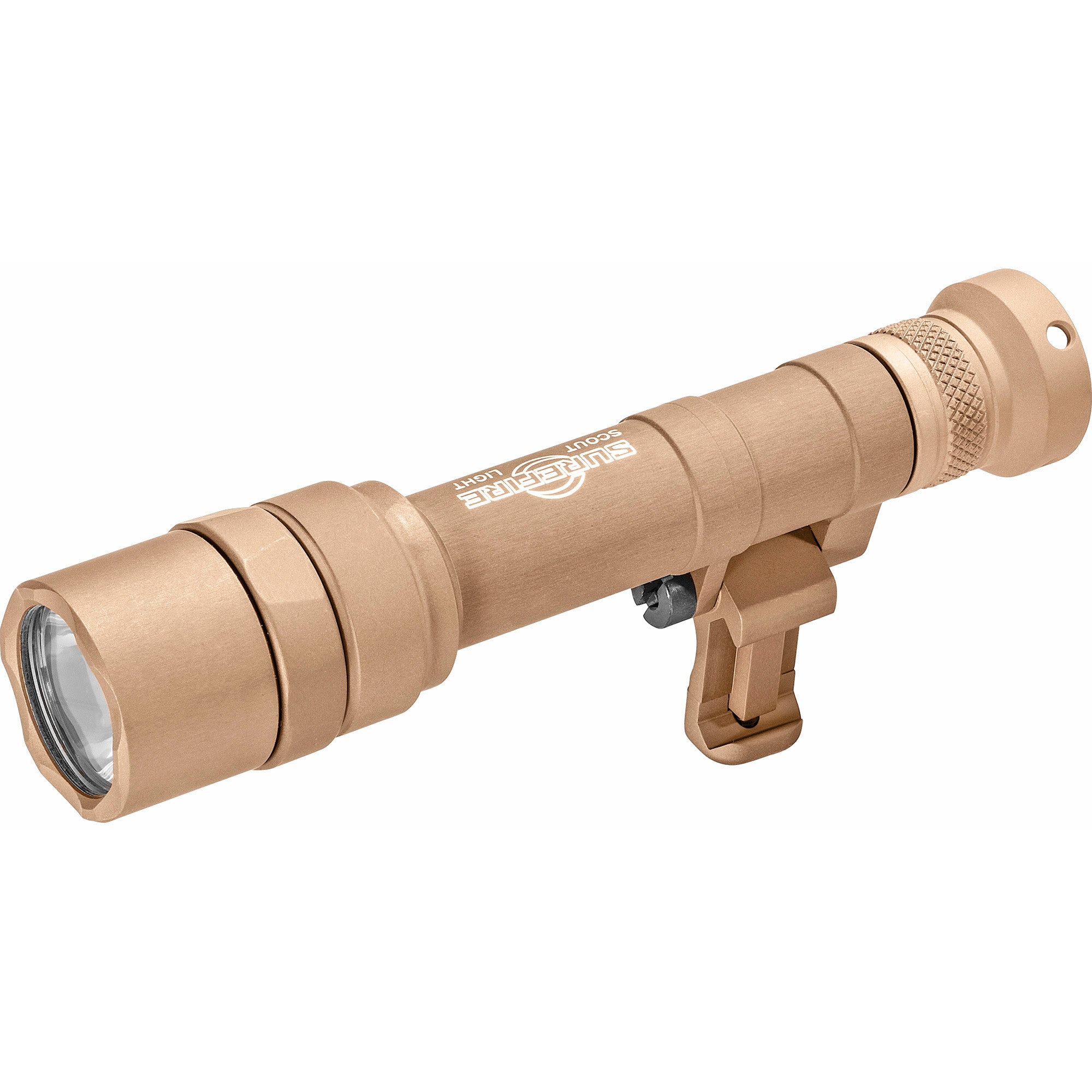Surefire M640U Scout Pro Flashlight in tan, featuring 1000 lumens LED output, equipped with 1913 Picatinny and M-LOK mounts, and a user-friendly Z68 On/Off tailcap.