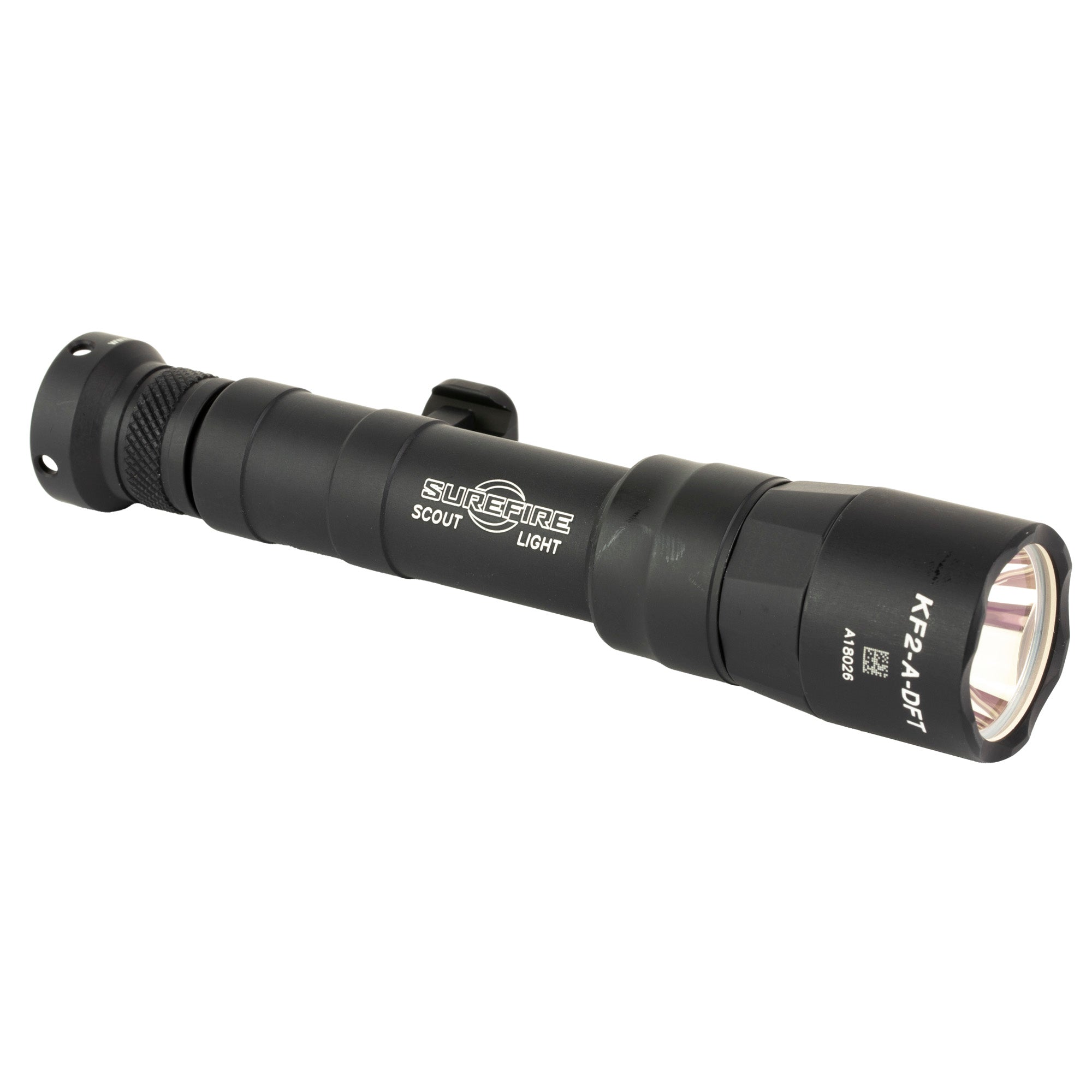 Surefire M640DFT Turbo Scout Light Pro in black, featuring 1000 lumens and dual fuel technology, mounted with an MLOK adapter, and includes a 18650 rechargeable battery
