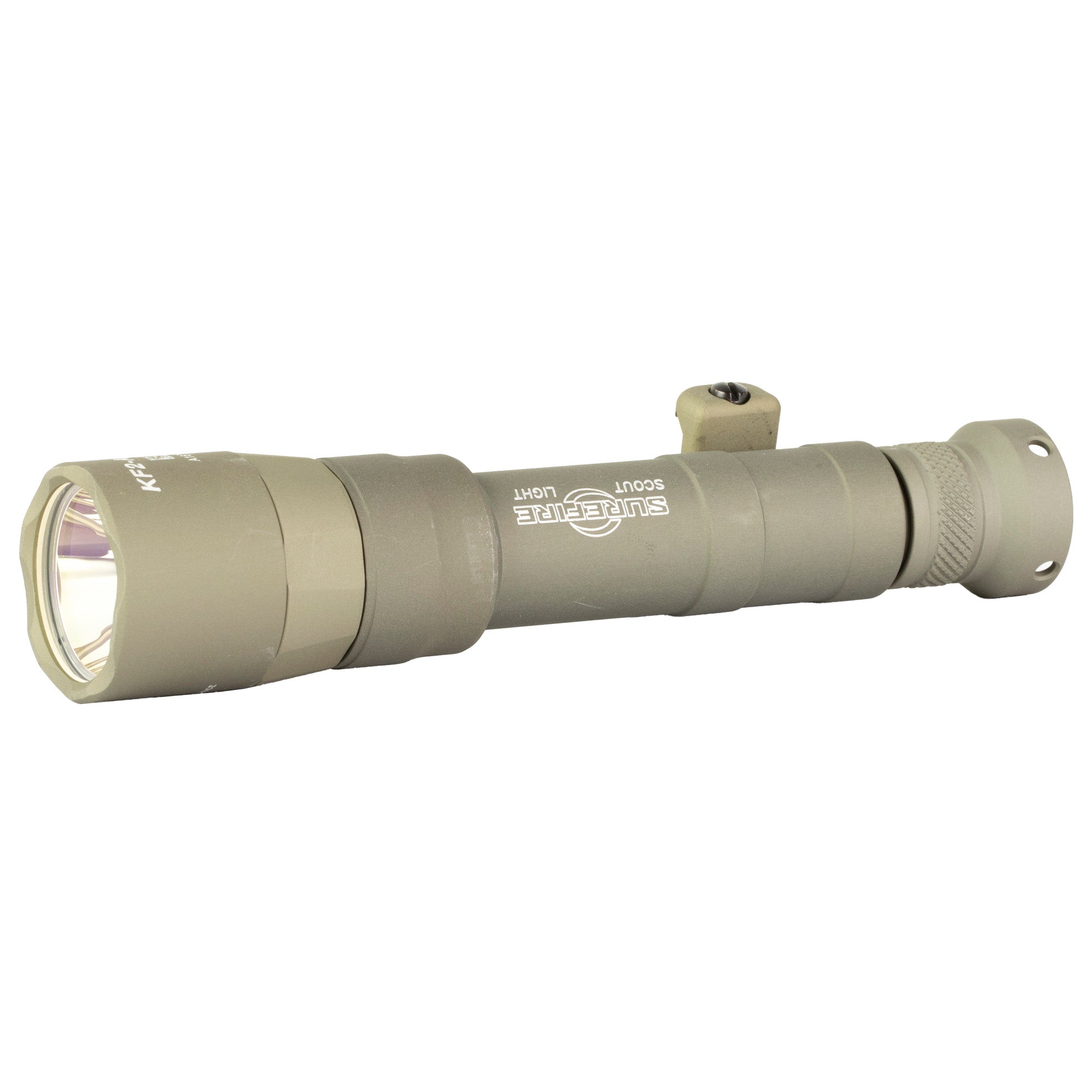 Surefire M640DFT Turbo Scout Light Pro in tan, featuring 1000 lumens and dual fuel technology, mounted with an MLOK adapter, and includes a 18650 rechargeable battery.