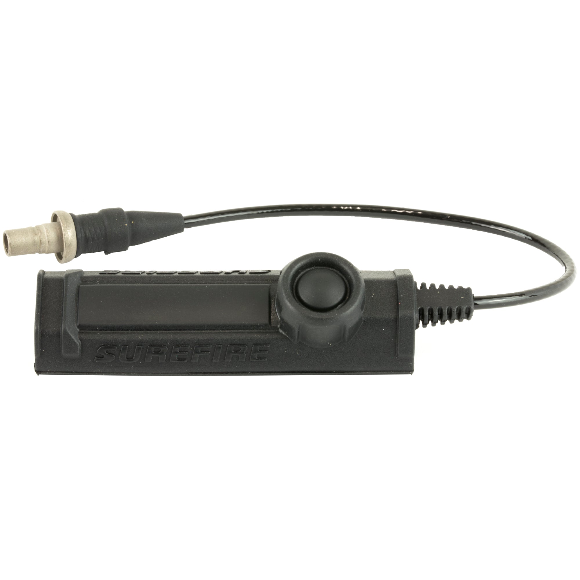 Surefire Remote Dual Switch in black, with a 7-inch cable, compatible with multiple Surefire weapon light models, featuring momentary-on pressure pad and constant-on press switch.