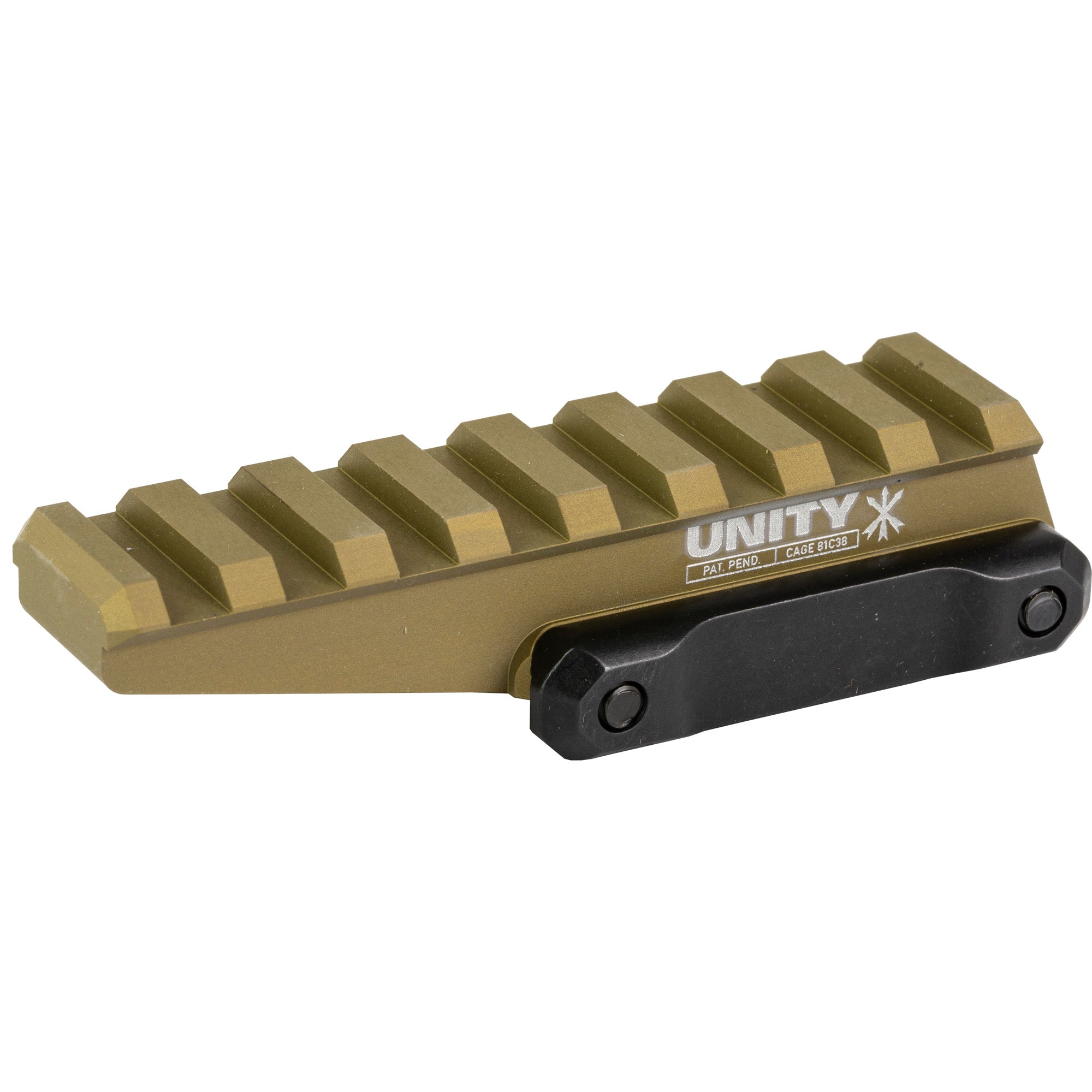 Unity Tactical FAST Red Dot Riser mounted on a Picatinny rail, enhancing sight alignment with a 2.26-inch optical height, in fde anodized finish.