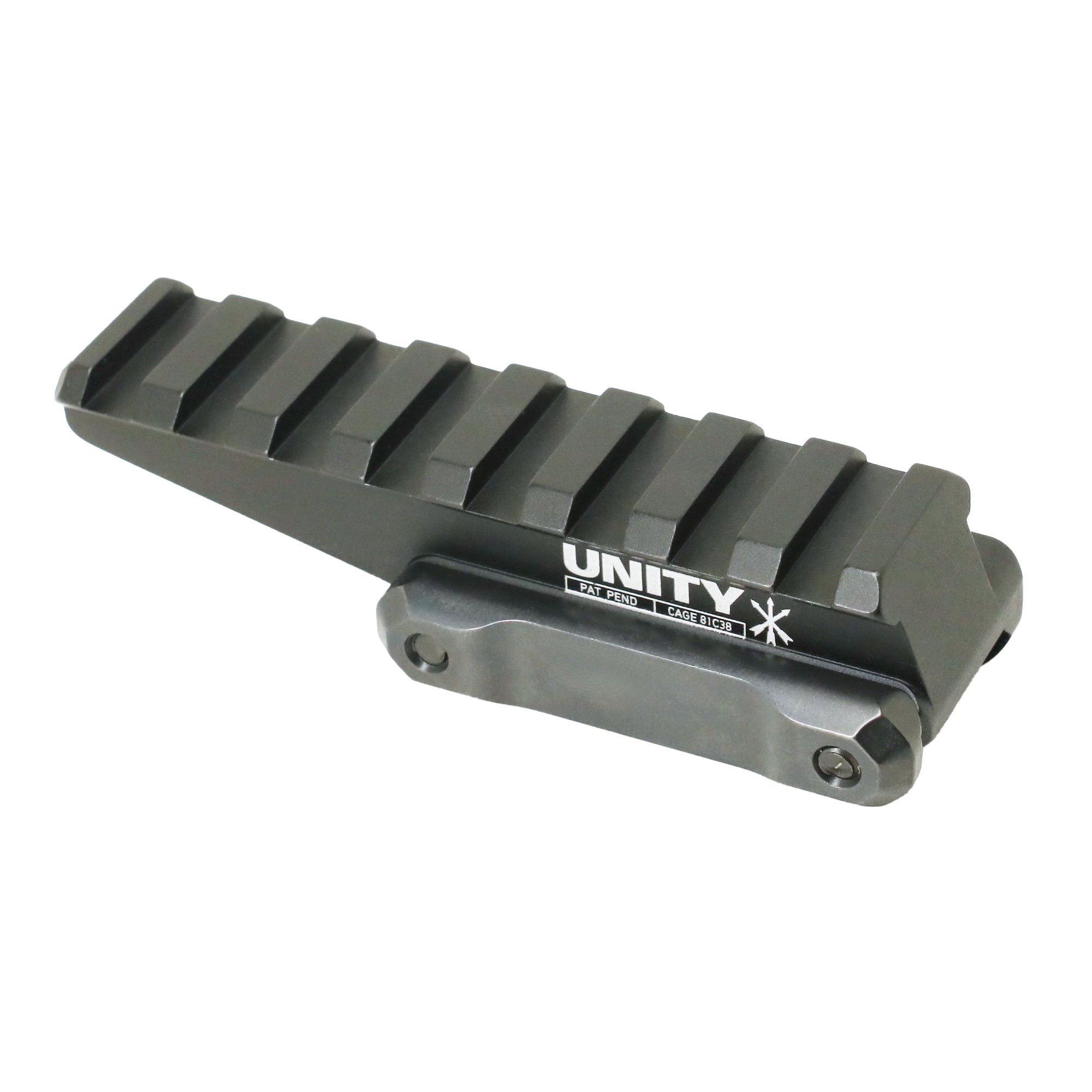 Unity Tactical FAST Red Dot Riser mounted on a Picatinny rail, enhancing sight alignment with a 2.26-inch optical height, in black anodized finish.