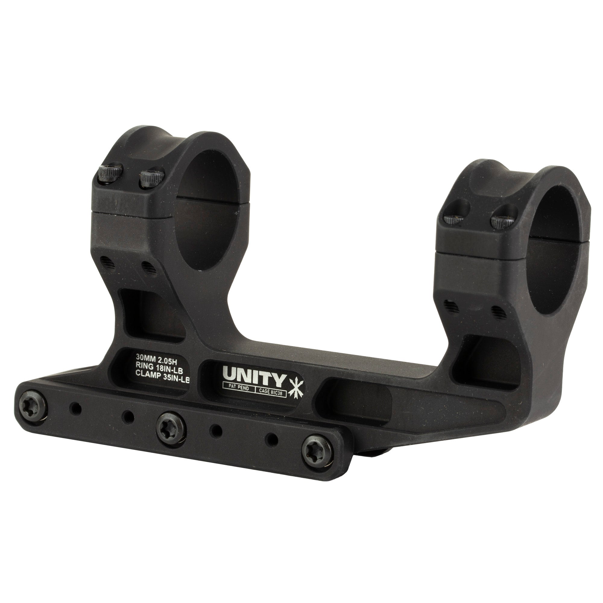Unity Tactical FAST LPVO Mount in black, featuring a 2.05-inch optical height for 30mm tube size scopes, constructed from durable 7075-T6 aluminum with a hardcoat anodized finish.